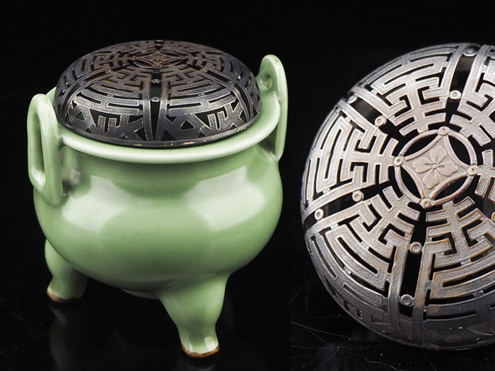 青磁三足純銀火屋香炉 仏具茶道具透かし彫り純銀刻印 銀細工 骨董