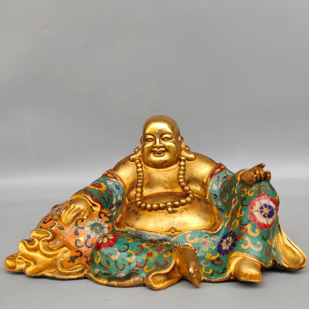 掘り出し物 珍蔵 景泰藍 手作り絲琅彩佛像 黄金袋弥勒佛 中国古董品