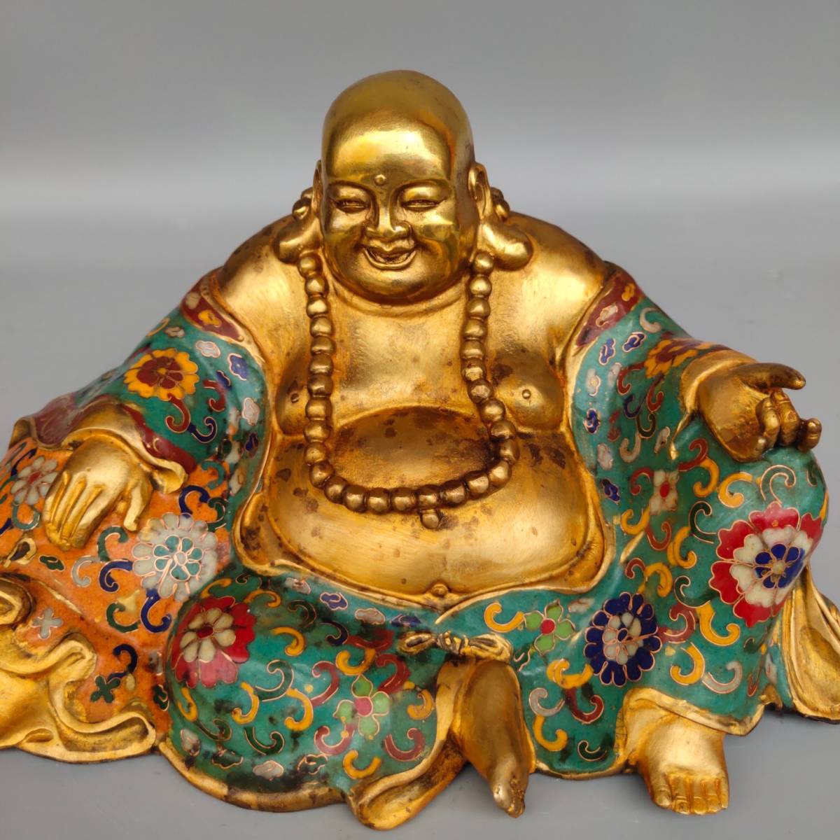 掘り出し物 珍蔵 景泰藍 手作り絲琅彩佛像 黄金袋弥勒佛 中国古董品