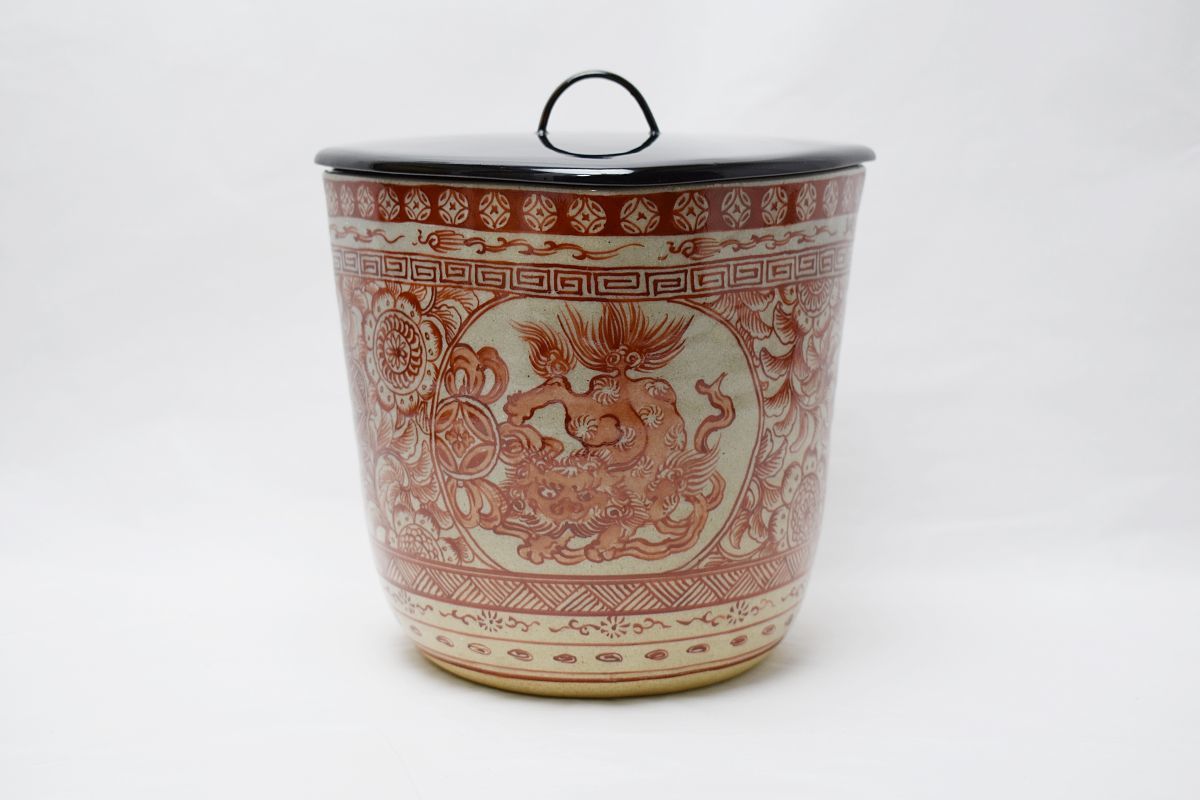 万古焼 佐久間芳丘作 替蓋付 赤絵水指 松古堂 茶道