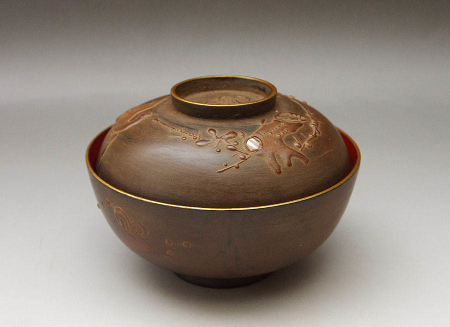 金蒔絵　 小菊の図　 朱塗吸物椀　木製品　６客　A- GGm ☆金蒔絵朱と松の図吸い物椀六客☆大正十五年木製漆器☆骨董☆№492