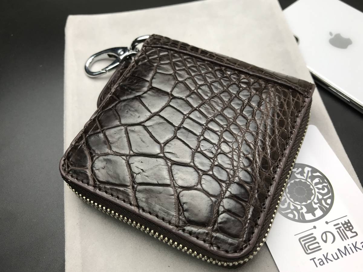 希少～キレイ※ フック付※クロコダイル レザー 腹革センターカット 名刺入れカードケース キーケース ワニ革 メンズ 本革 鰐皮 濃い茶色