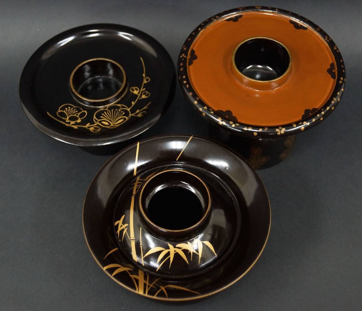 寂】蔵出時代 木製金蒔絵『松竹梅文』盃台3点セット引盃 煎茶道具