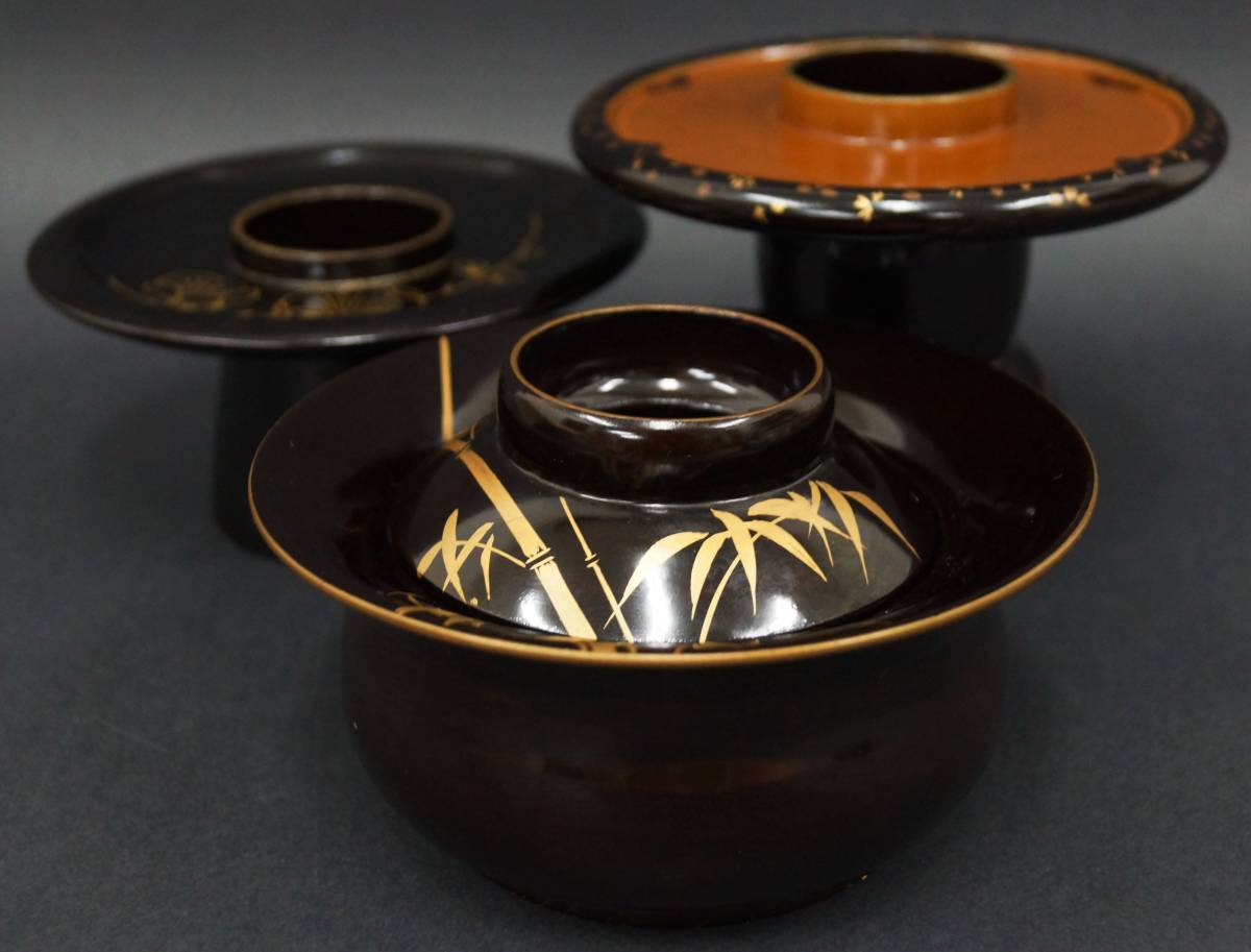 寂】蔵出時代 木製金蒔絵『松竹梅文』盃台3点セット引盃 煎茶道具