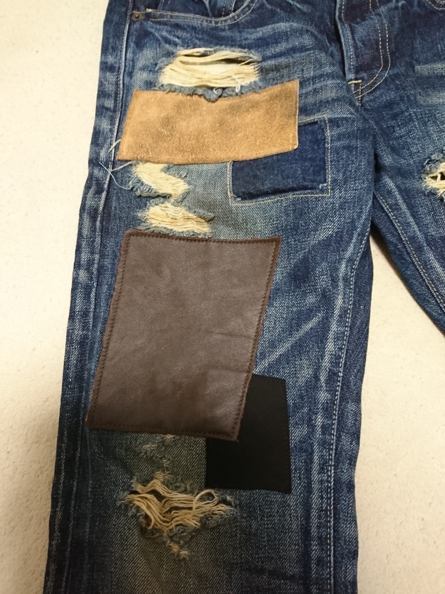 送料無料 glamb グラム ハードクラッシュ ダメージ リペア加工 パッチワーク デニムパンツ ジーンズ 1 レザー