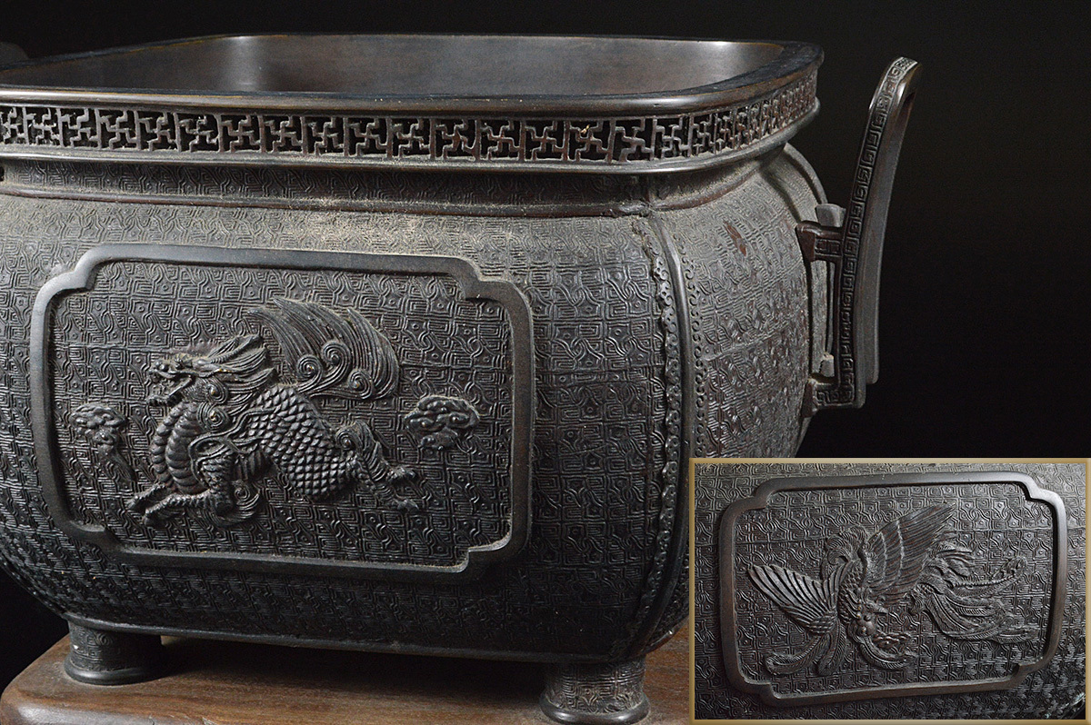 中国古玩 時代物 青銅器 古銅 緑屋i□ 鍍金 饕餮紋 唐物 キ 敦 大香炉