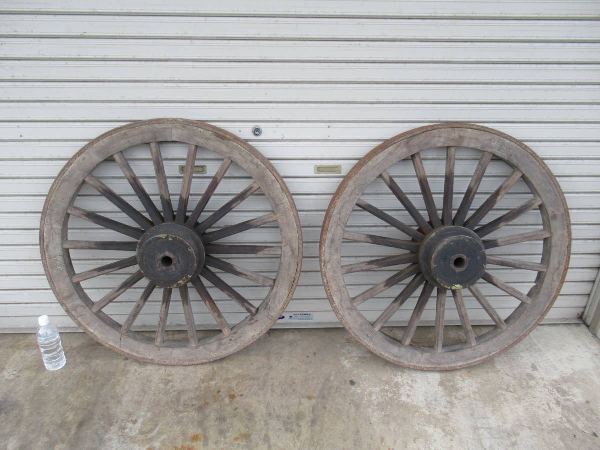 木製車輪 大八車 直径86cm 35kg 2点 伏見京町 車音作 銘有　荷車 鉄輪 オブジェ ガーデンウイール ウッドホイール レトロ ヴィンテージ骨董