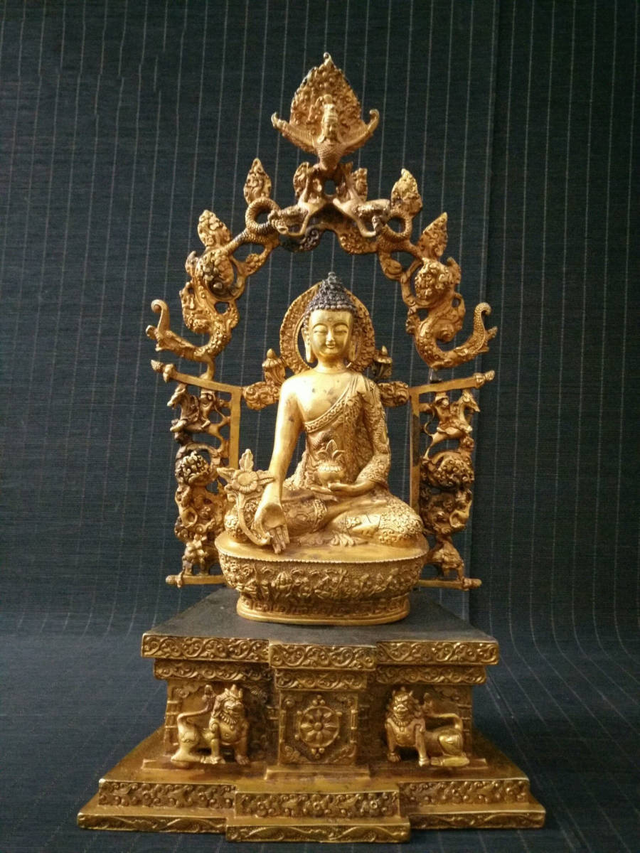 M220 中国骨董品 清時代 【薬剤師仏】 銅製 極細工 仏像 文房具 擺件