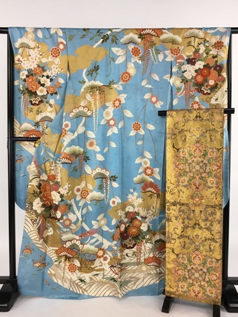 バイセル 美品 名品 振袖 水色 袋帯セット 花車 熨斗 雲 草花 金彩