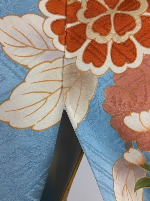 バイセル 美品 名品 振袖 水色 袋帯セット 花車 熨斗 雲 草花 金彩