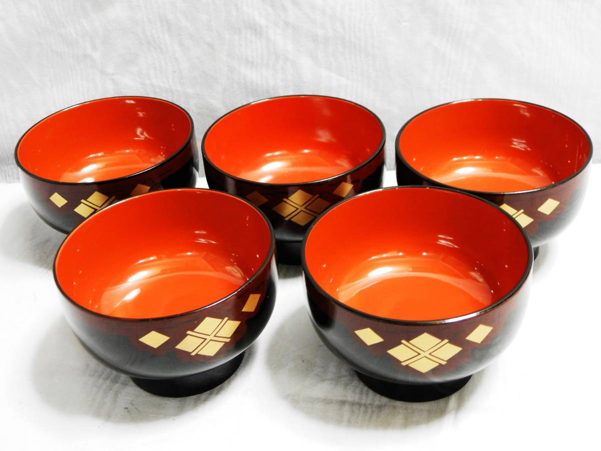 山中塗 日本製 椀 吸物椀 洗朱蝋色 五彩 五客 花文