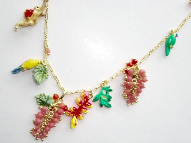 ○ フランス レネレイド ロング ネックレス 猿 鳥 トロピカル 花 
