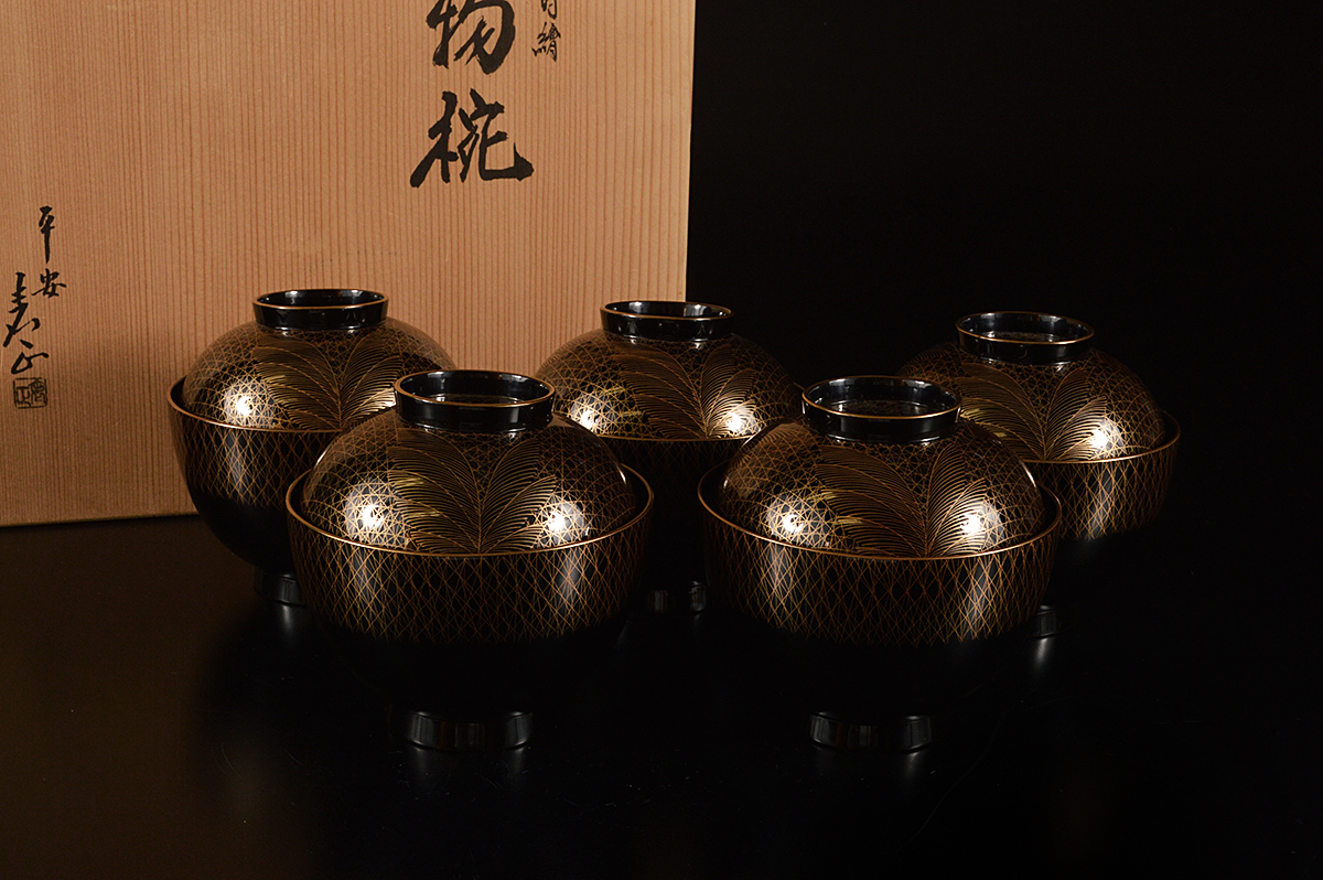 雲】高級漆器 武蔵野細密金蒔絵吸物椀 5客 平安春正 共箱（懐石道具