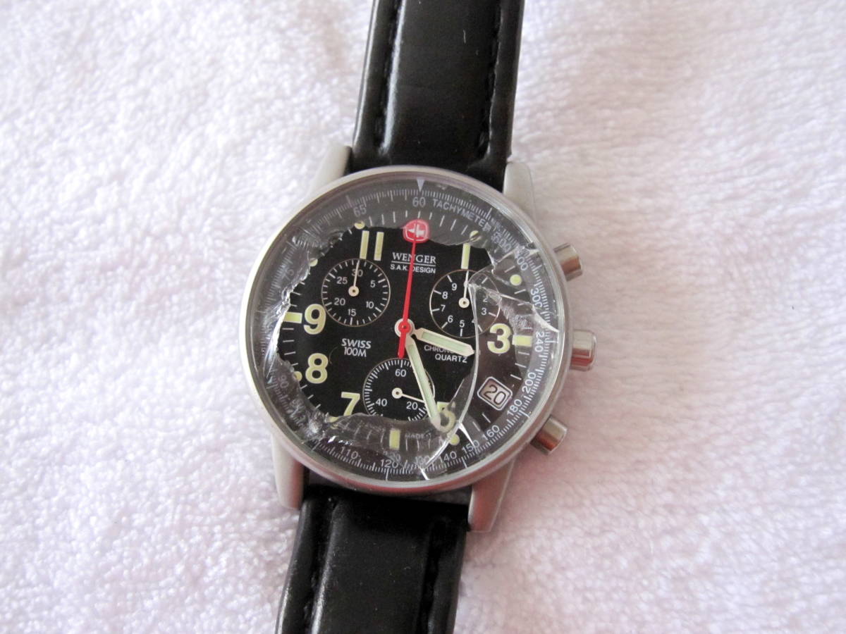 WENGER クロノグラフ 536 0765 SWISS MADE 黒 風防割れ 稼動 中古 送