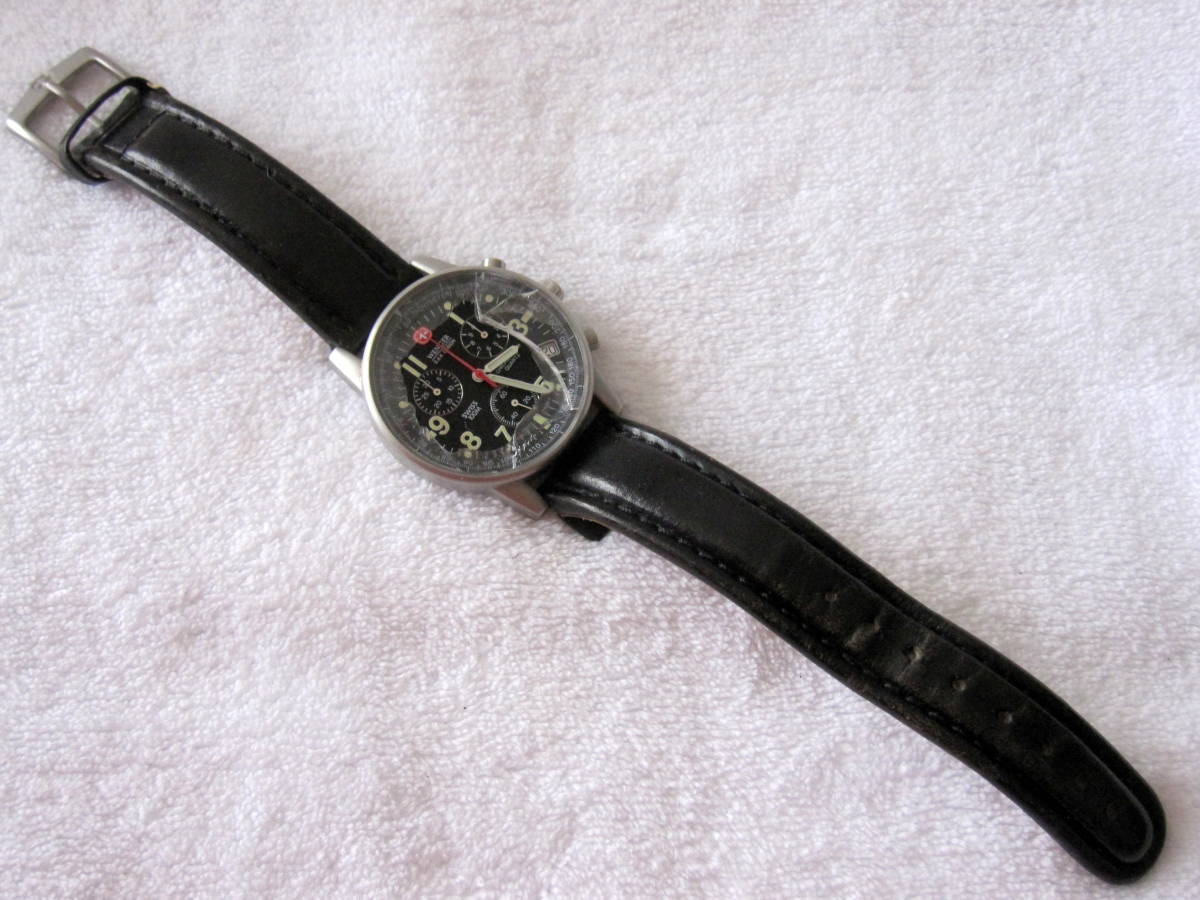 WENGER クロノグラフ 536 0765 SWISS MADE 黒 風防割れ 稼動 中古 送