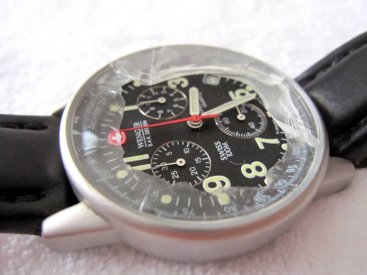 WENGER クロノグラフ 536 0765 SWISS MADE 黒 風防割れ 稼動 中古 送