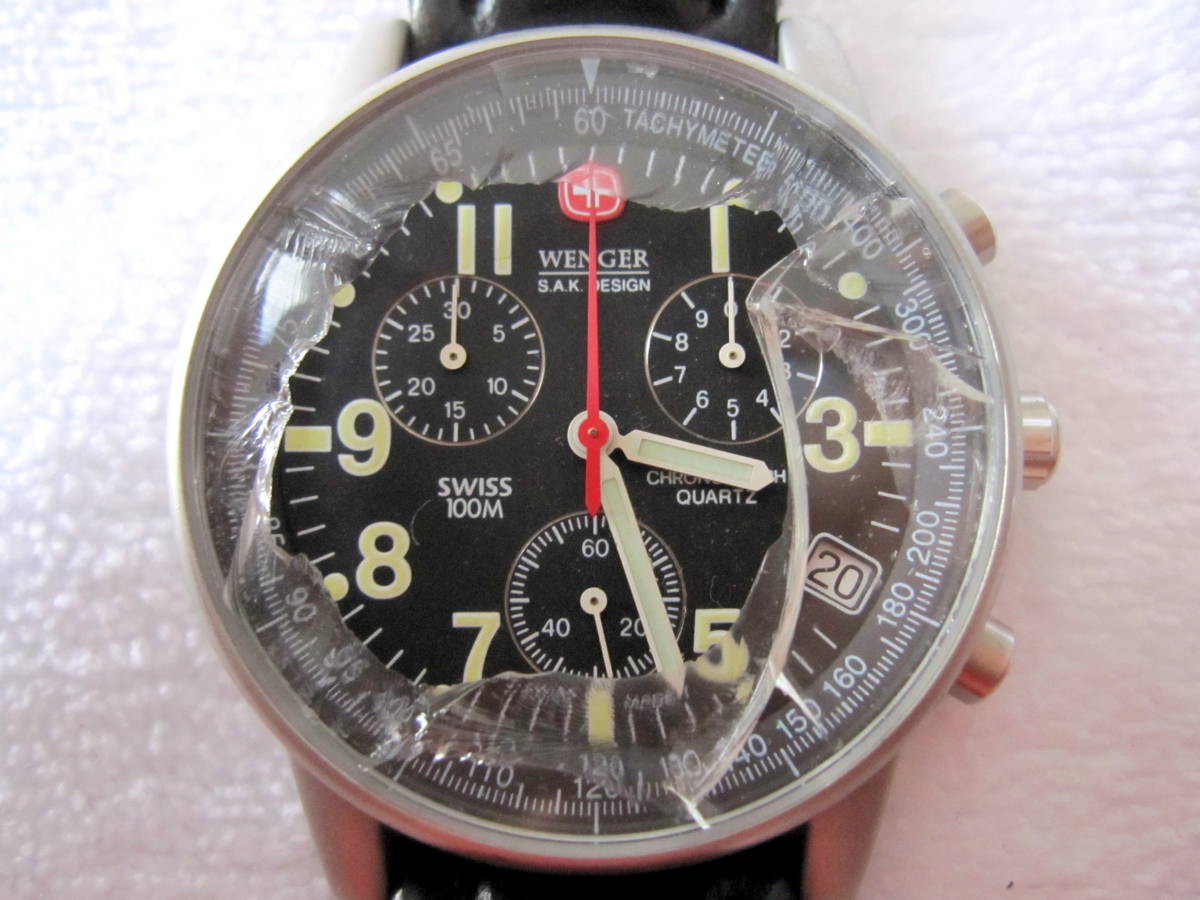 WENGER クロノグラフ 536 0765 SWISS MADE 黒 風防割れ 稼動 中古 送