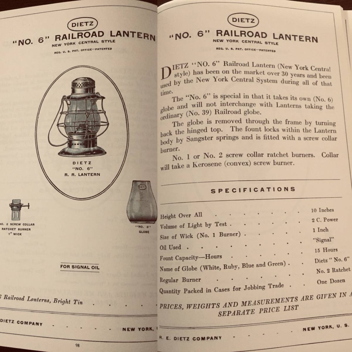 Dietz York New Bottom Bell Central Lantern No. - 0 Railroad Antique Globe No.6 lantern Etched