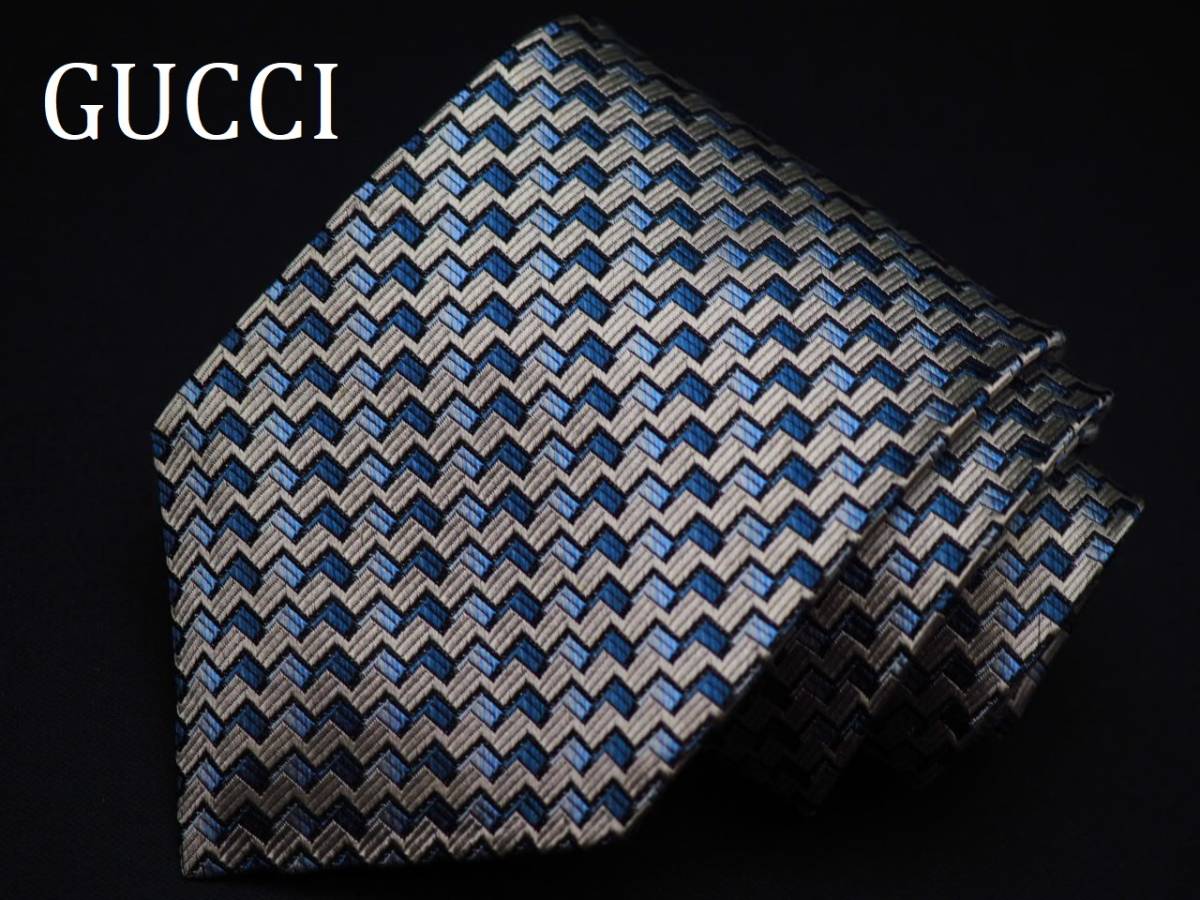 GUCCI グッチ ネイビー×水色 幾何学模様 シルク製 ネクタイ イタリア製