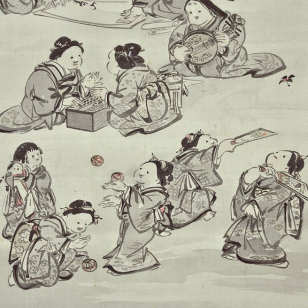 2572 狩野梅斎か? お福節句図幅 桐箱 掛軸 絹本 名古屋の人 師秀畝