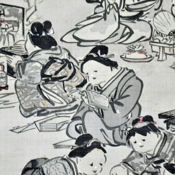 2572 狩野梅斎か? お福節句図幅 桐箱 掛軸 絹本 名古屋の人 師秀畝