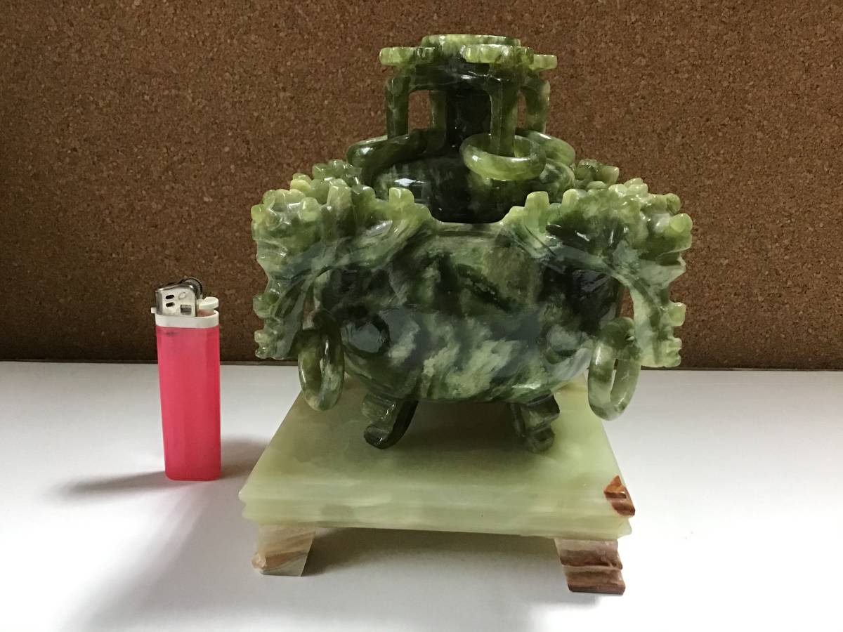 中国古玩 翡翠玉石 彫刻 置物 香炉 獅子蓋彫遊環付 中国古 細密