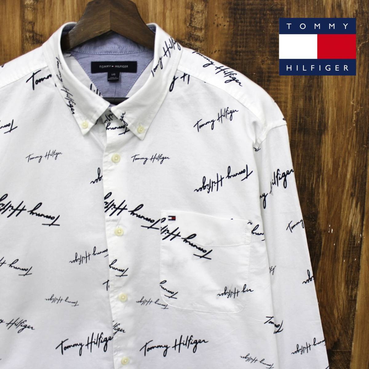 【USA限定】新品(tt1349L)TOMMY HILFIGER (メンズL)*Tommy White 白【*HILFIGER SIGNATURE Button Down LONG-SLEEVE SHIRT】長袖シャツ 