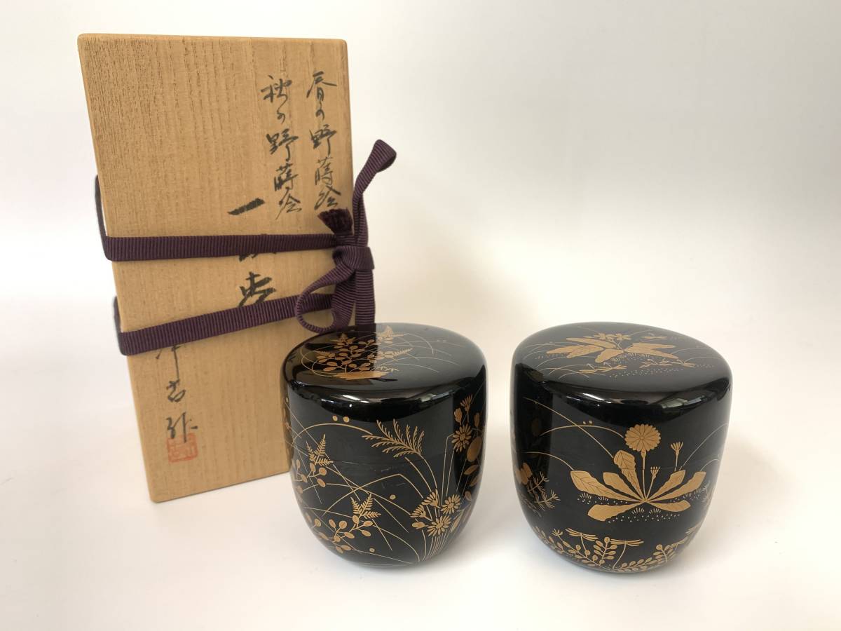 木村表恵 棗 茶道具 漆器 共箱　新品未使用、桐箱付、説明書付 共箱 茶道具 棗 高岡』蒔絵師 中出松峰 青楓に鮎蒔絵 白塗