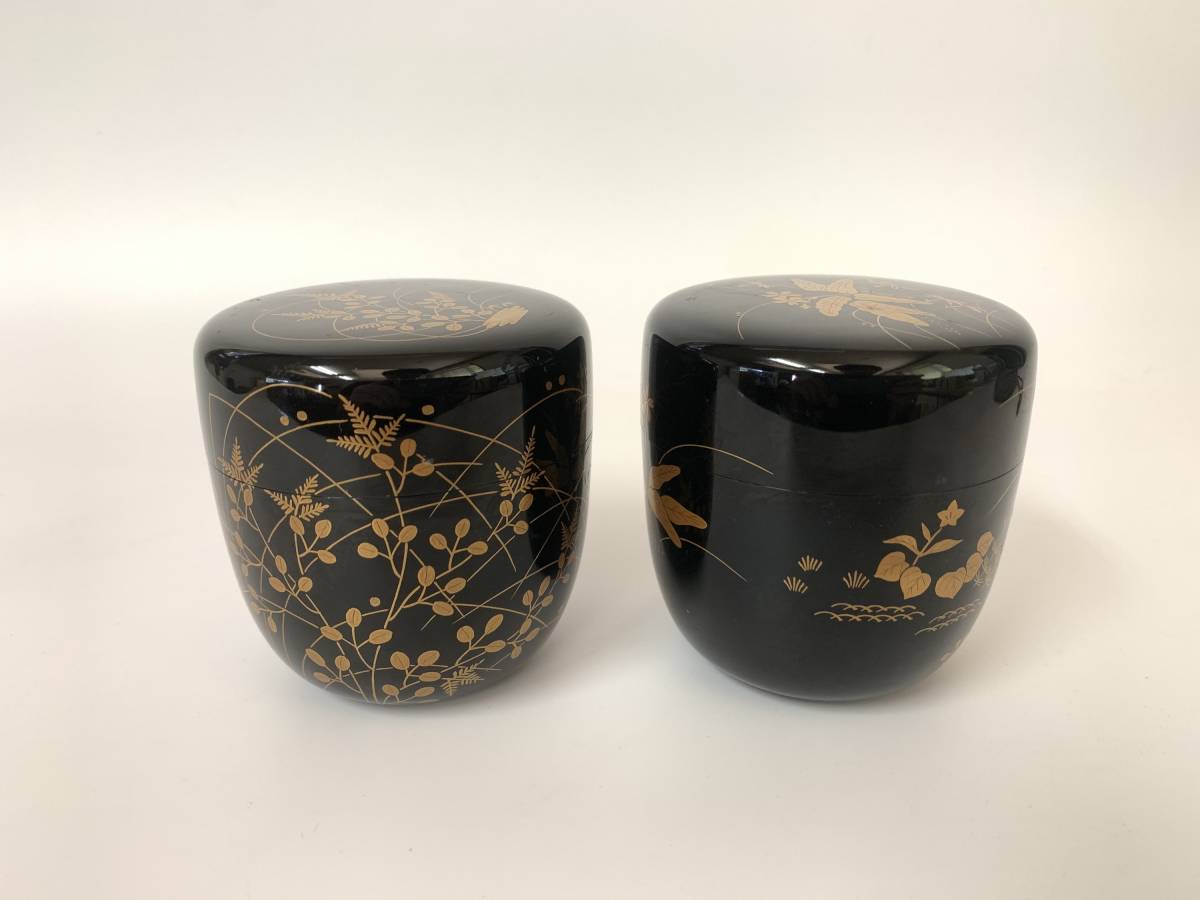 共箱 茶道具 棗 高岡』蒔絵師 中出松峰 青楓に鮎蒔絵 白塗
