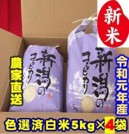 新米・令和元年産新潟コシヒカリ 白米5kg×4個☆農家直送☆色彩選別済251