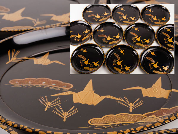 宮内庁御用達 漆器 山田平安堂 夫婦椀 鶴亀（ペア）割れ 【流】木製