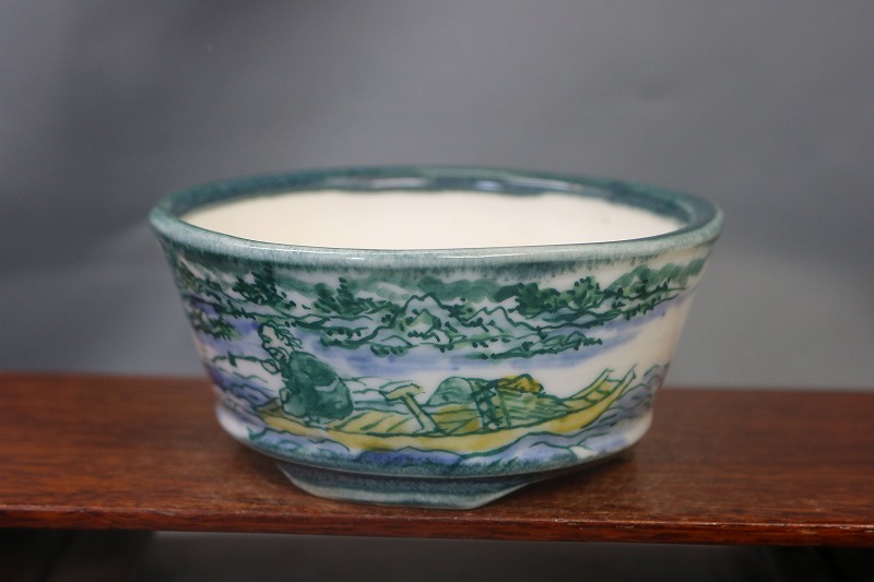 【大人気，定番人気】 陶翠庵 盆栽鉢 陶 翠 江湖漁舟山水絵図 内縁段脚丸鉢(鉢)｜売買されたオークション情報、yahooの商品情報をアーカイブ公開 - オークファン 鉢