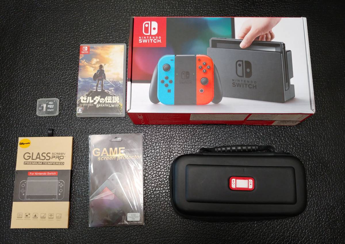 +中古美品 任天堂スイッチ本体(旧型)+ソフト　ゼルダの伝説ブレスオブザワイルド+保護フィルム2つ+スイッチ本体用ケース