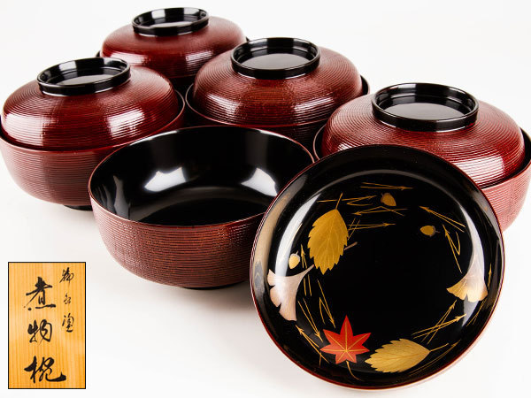 輪島塗 坪井英憲（夕帆）作 菊桐蒔絵五 大棗 共布 鵬雲斎極め箱 MR6866