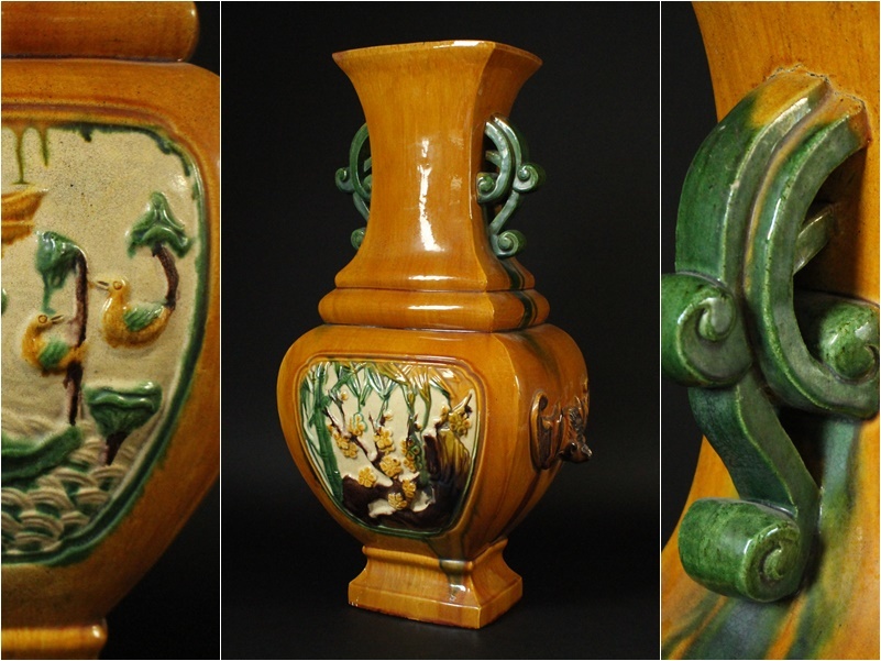 中国美術 唐物 唐三彩 竹梅蝙蝠花鳥図彫瓶 特大 花瓶【高63cm】煎茶