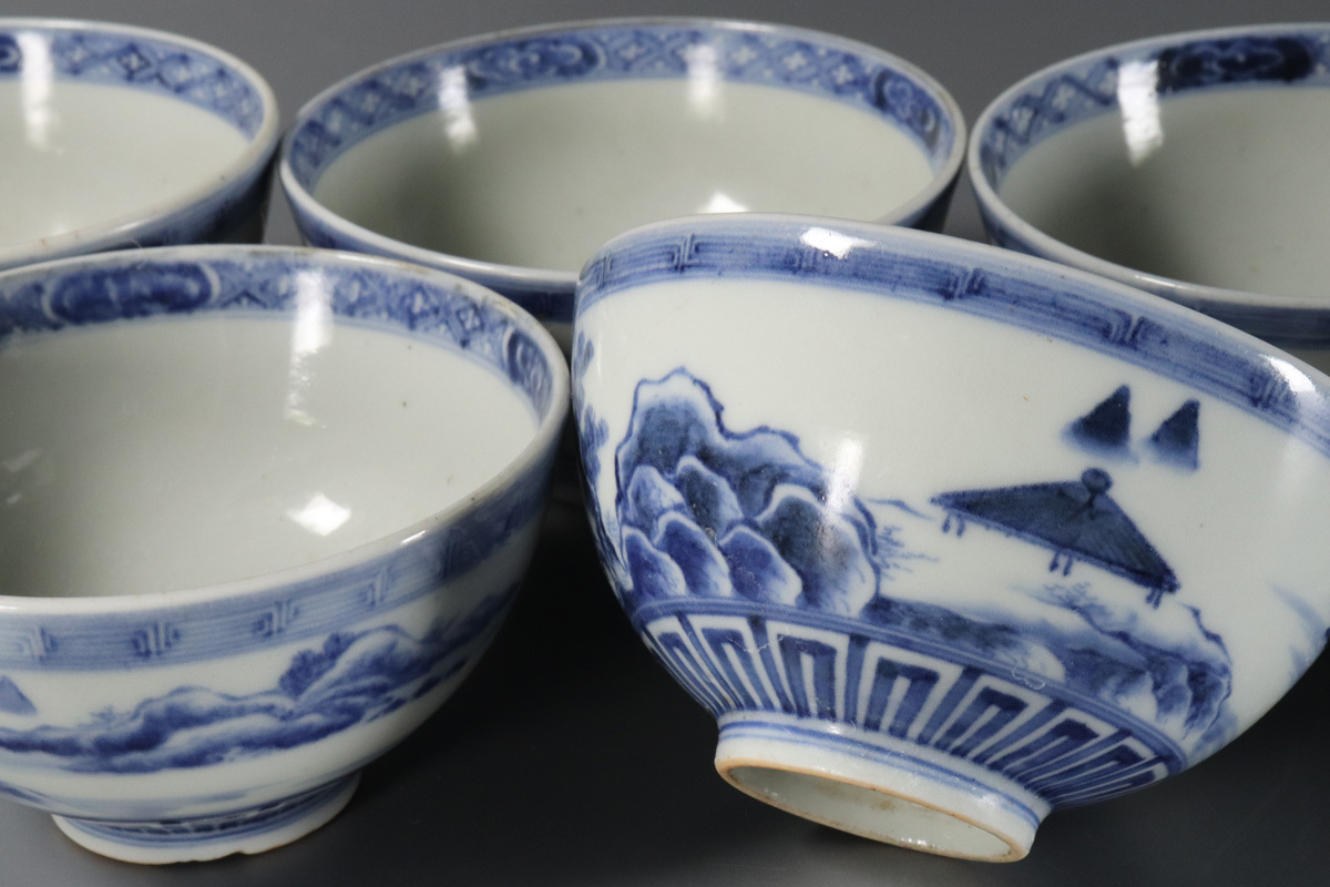 染付 古伊万里 山水風景画 生活骨董と古布の - 6.5寸皿 輪花型 時代物