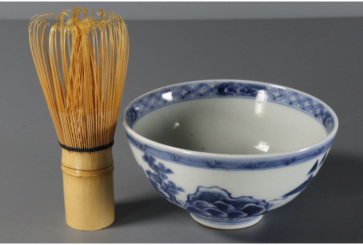 【古伊万里長春銘】染付 風景図 茶碗・小皿　骨董 アンティーク5点セット 染付 古伊万里 山水風景画 生活骨董と古布の - 6.5寸皿 輪花型 時代物