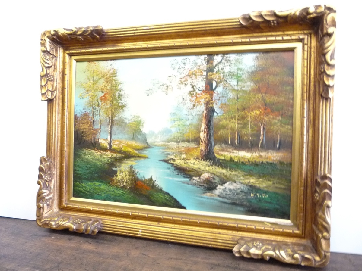 油絵　絵画　作者サイン入り 作者不明 サイン入り 油絵 自然 風景 額寸71㎝×96㎝ /SR5 作者不サイン