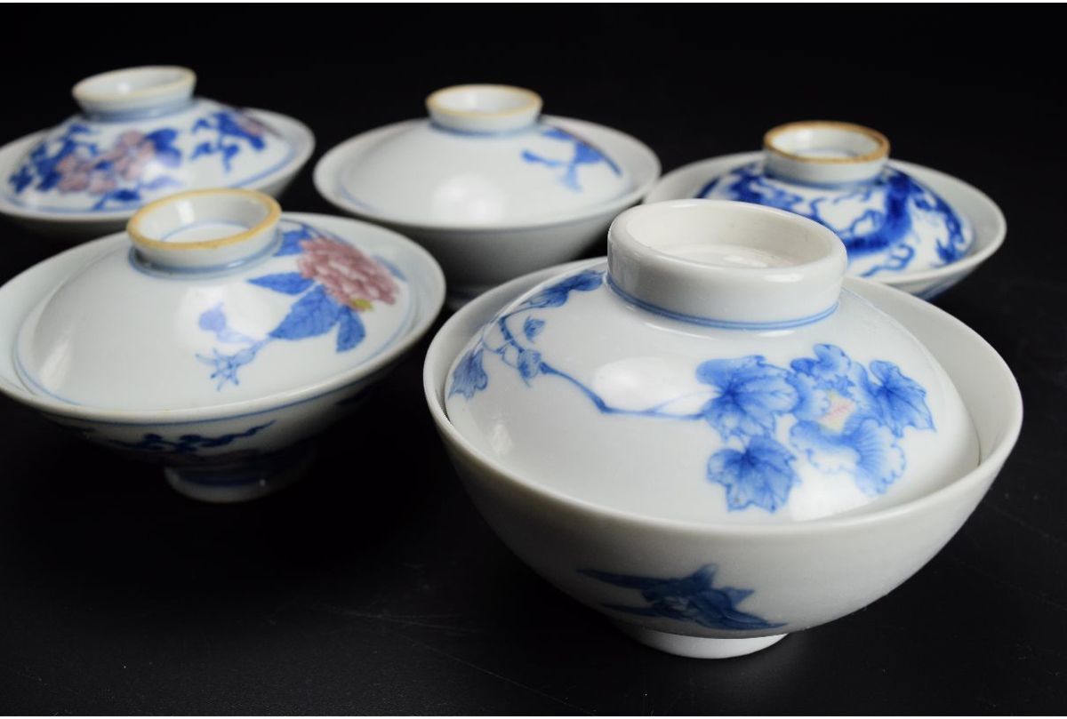 伊万里焼　古伊万里　染付　菊花文　煎茶碗　5客まとめて　C　7960 古伊万里 染付 蓋茶碗 | 江戸後期 (有)新原 iichi 日々の暮らしを
