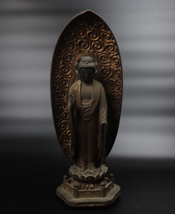 木彫り　金彩　阿弥陀如来像　江戸時代 884】寺院旧蔵品 室町～江戸 阿弥陀如来立像 金彩木彫仏像