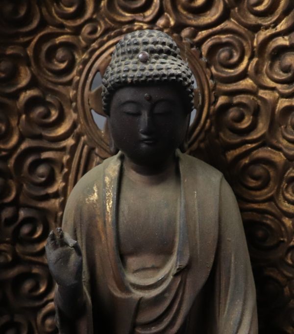 884】寺院旧蔵品 室町～江戸 阿弥陀如来立像 金彩木彫仏像 江戸期