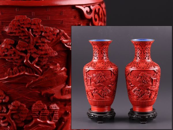 中国古玩 唐物 堆朱 花瓶 一対 時代物 極上品 初だし品 a4359