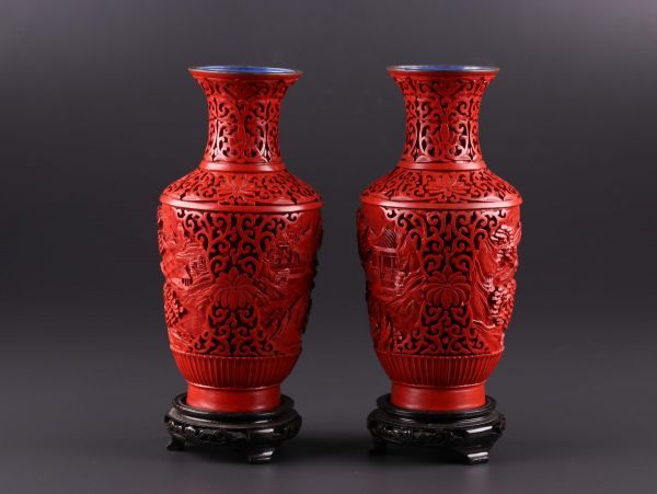 中国古玩 唐物 堆朱 花瓶 一対 時代物 極上品 初だし品 a4359
