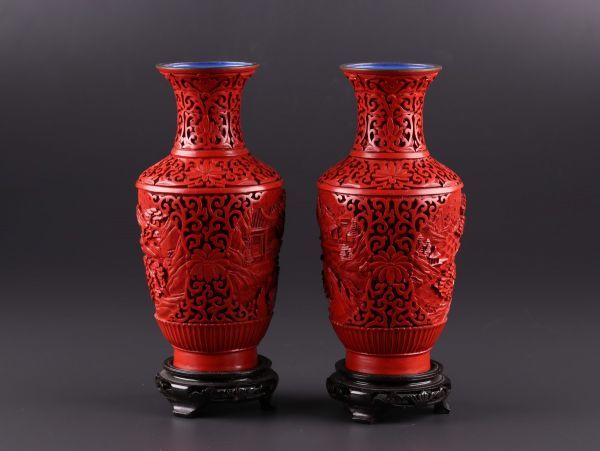 中国古玩 唐物 堆朱 花瓶 一対 時代物 極上品 初だし品 a4359