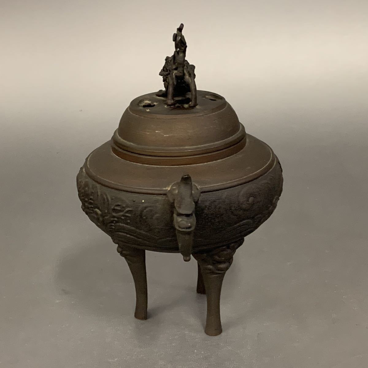 獅子蓋 香炉 三足 白峰 在銘(メ1829) 高岡銅器 大和型獅子蓋