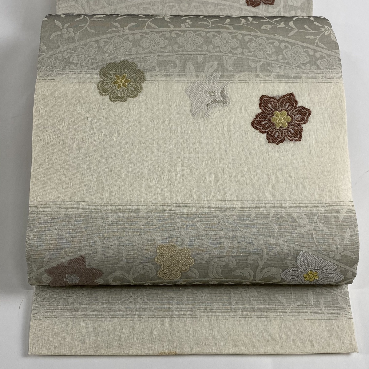 袋帯 美品 名品 夏帯 花唐草 花柄 金糸 銀糸 白 六通 正絹 【