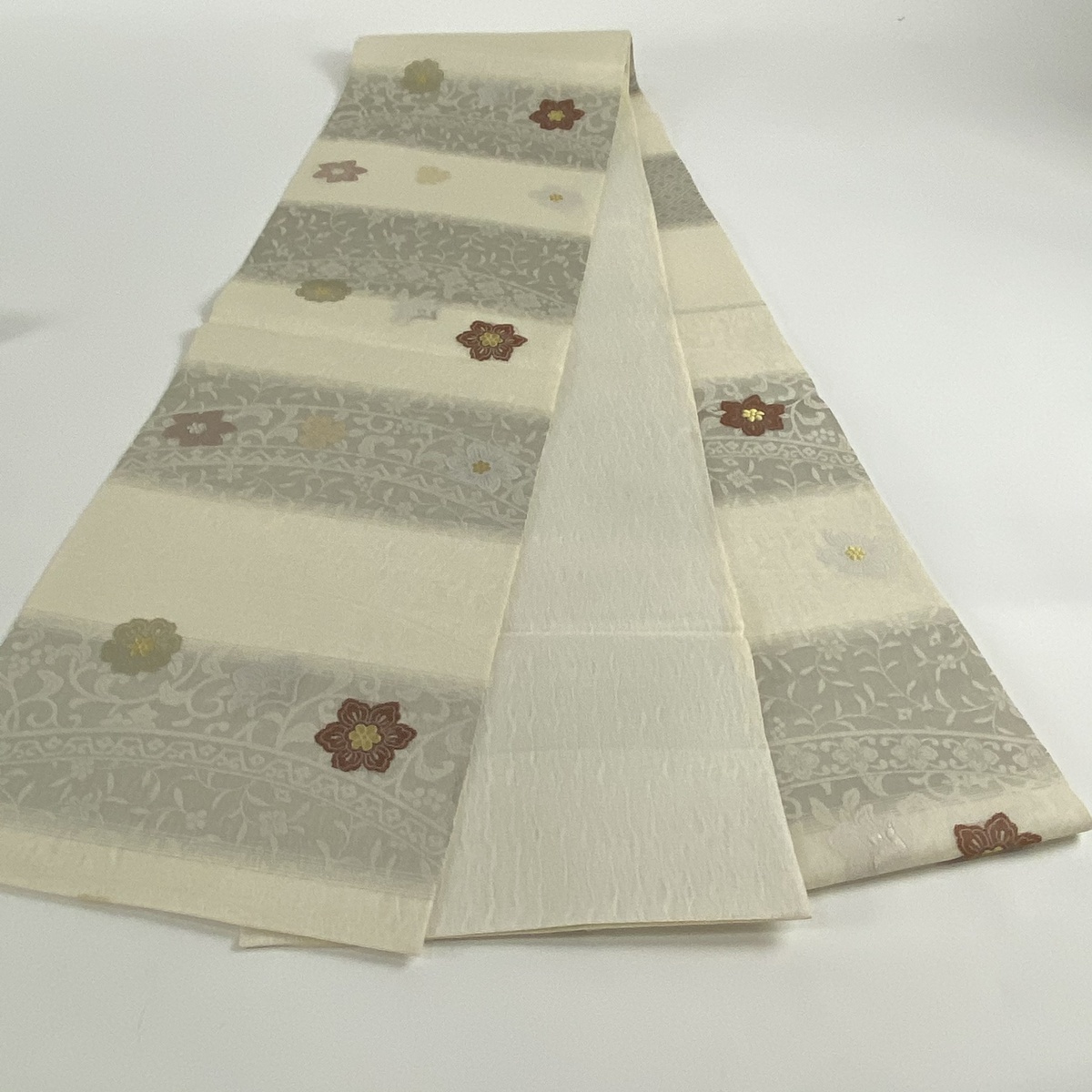 袋帯 美品 名品 夏帯 花唐草 花柄 金糸 銀糸 白 六通 正絹 【