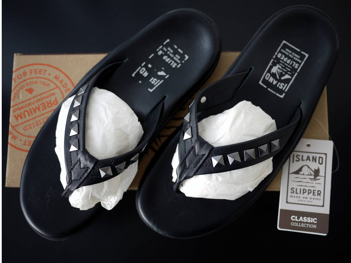美品　 SLIPPER サンダル 黒 US11サイズ 約29cm ISLANDSLIPPER☆アイランドスリッパ☆レザー☆黒×黒スタッズ☆US11