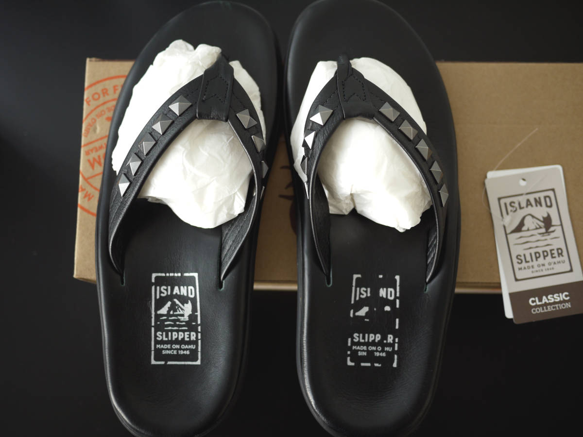 美品　 SLIPPER サンダル 黒 US11サイズ 約29cm ISLANDSLIPPER☆アイランドスリッパ☆レザー☆黒×黒スタッズ☆US11