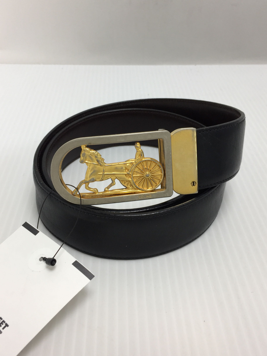 CELINE◆ベルト/レザー/BLK/無地/馬車金具/made in ITALY/使用感有